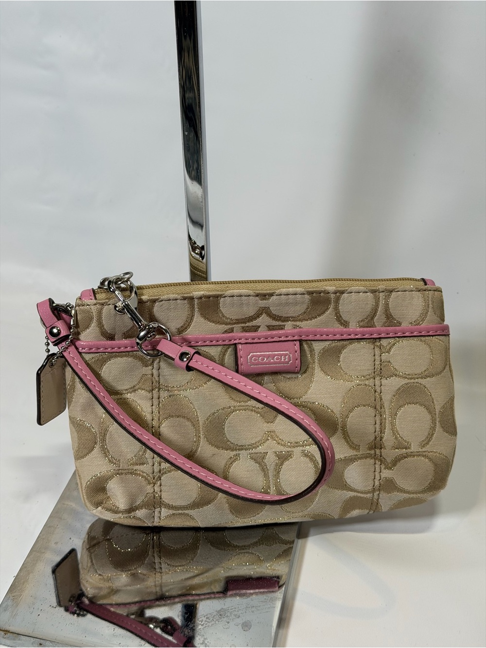 Coach Beige Signature Canvas Wristlet with Pink Trim and Strap